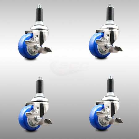 Service Caster 3.5 Inch 316SS Blue Poly Swivel 1 Inch Expanding Stem Caster Set Brake SCC SCC-SS316EX20S3514-PPUB-BLUE-TLB-1-4